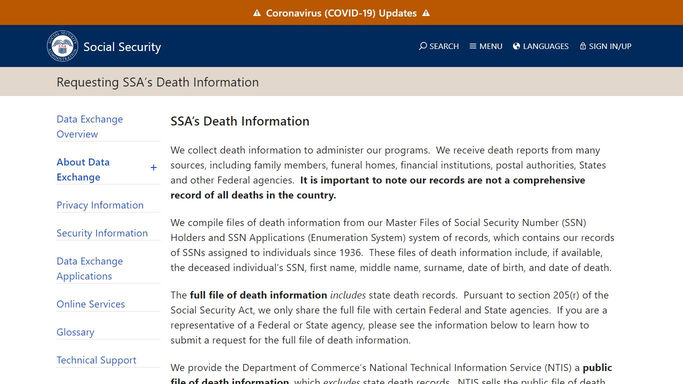 Data Exchange – Requesting SSA’s Death Information